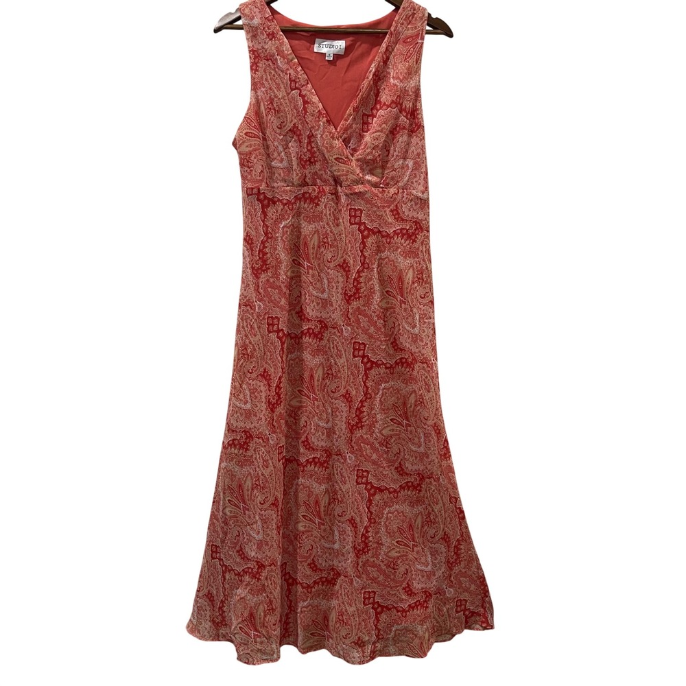 Studio I Dress Womens 16 Red Paisley Faux Wrap Sleeveless Midi‎ Boho Whimsigoth